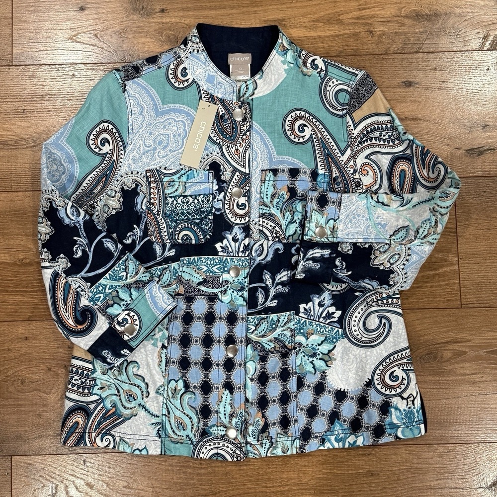 Chico's Reversible‎ Linen Jacket NWT Kings Navy Paisley Women's Sz Small S 0